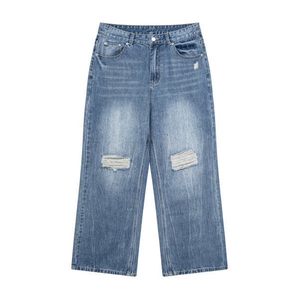 Distressed Straight Leg Denim Jeans