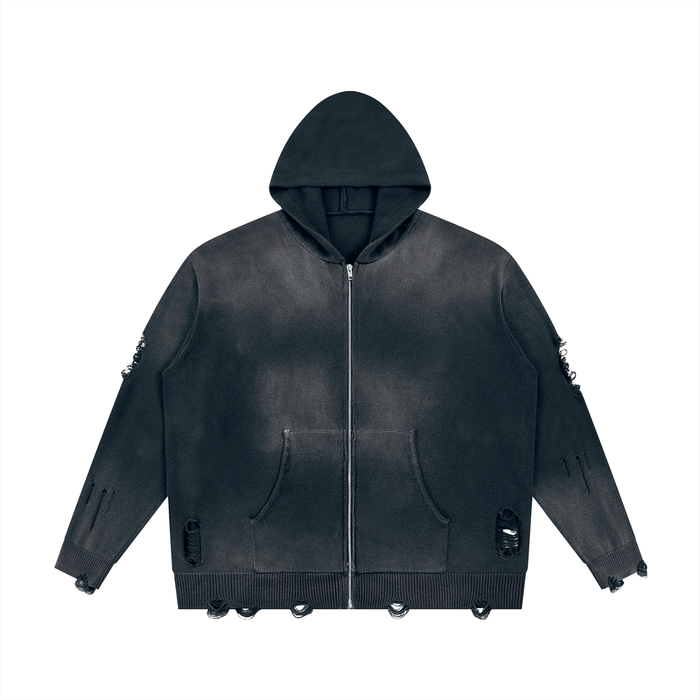 Distressed Zip Hooded Sweater