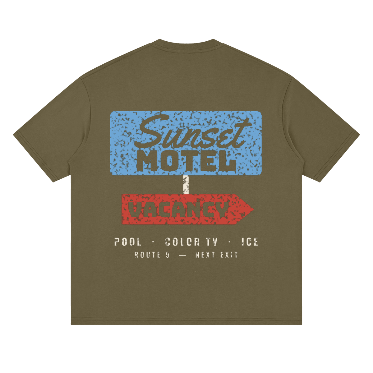 Sunset Motel Drop Shoulder Tee – Gray Green – back