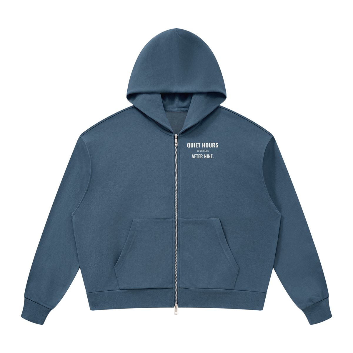 Quiet Hours Drop Shoulder Zip Hoodie – Haze Blue – front