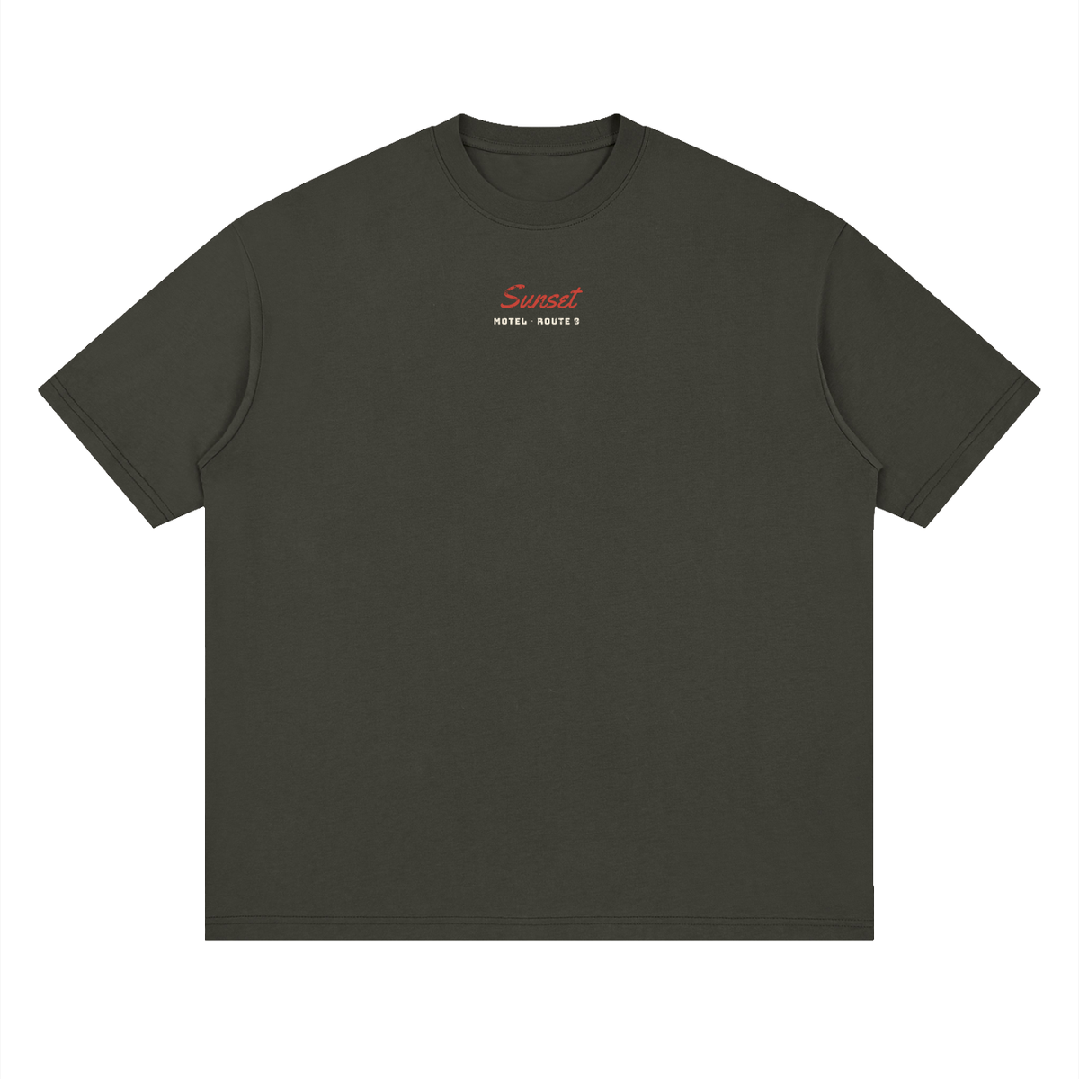 Sunset Motel Drop Shoulder Tee – Dark Gray – front