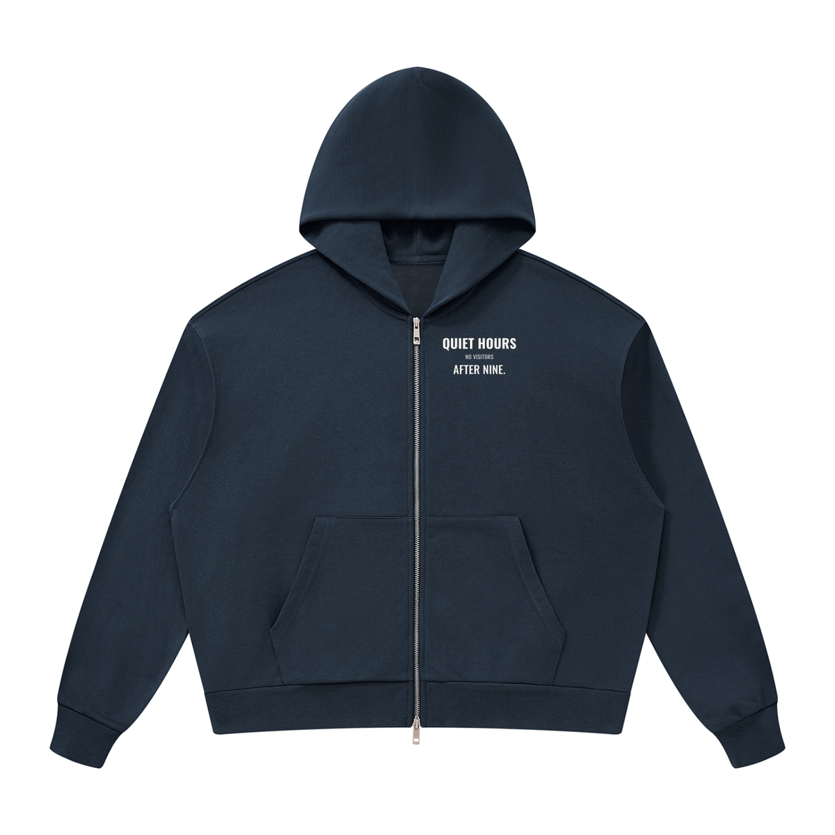 Quiet Hours Drop Shoulder Zip Hoodie – Navy Blue – front