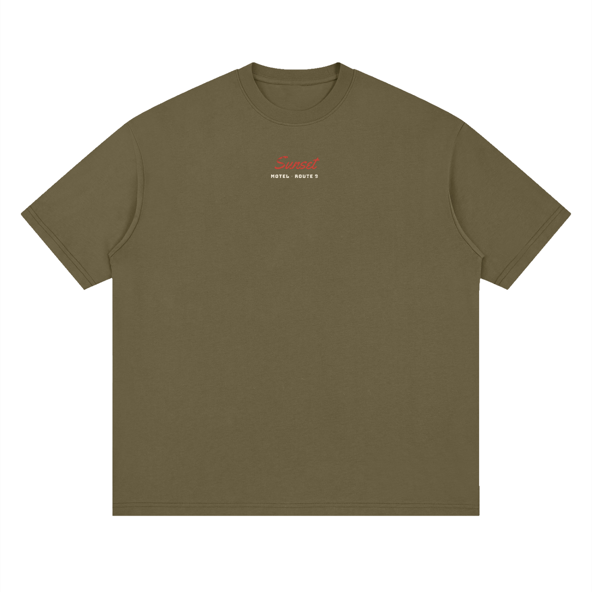 Sunset Motel Drop Shoulder Tee – Gray Green – front