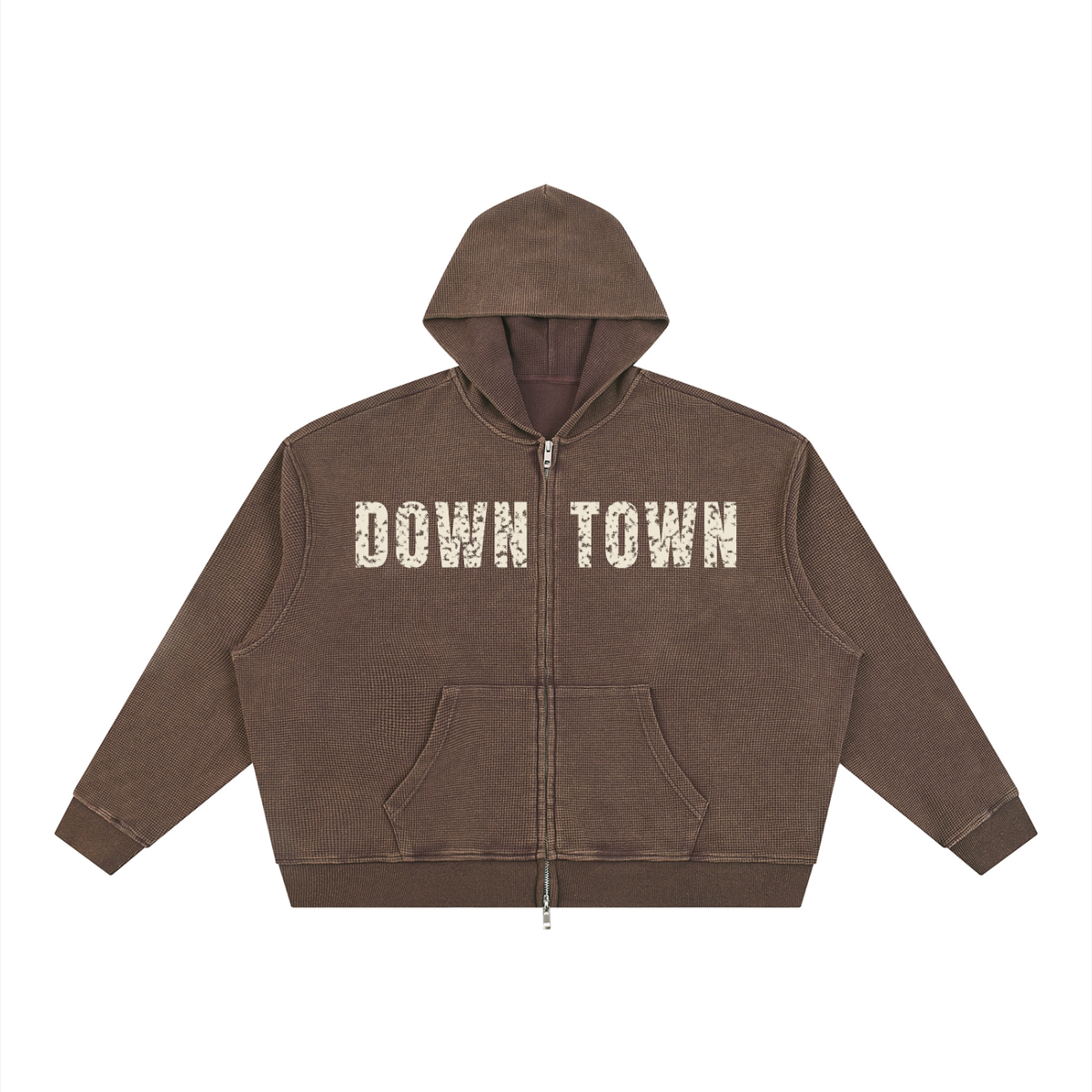 Downtown Waffle Full Zip Hoodie – Brown – front