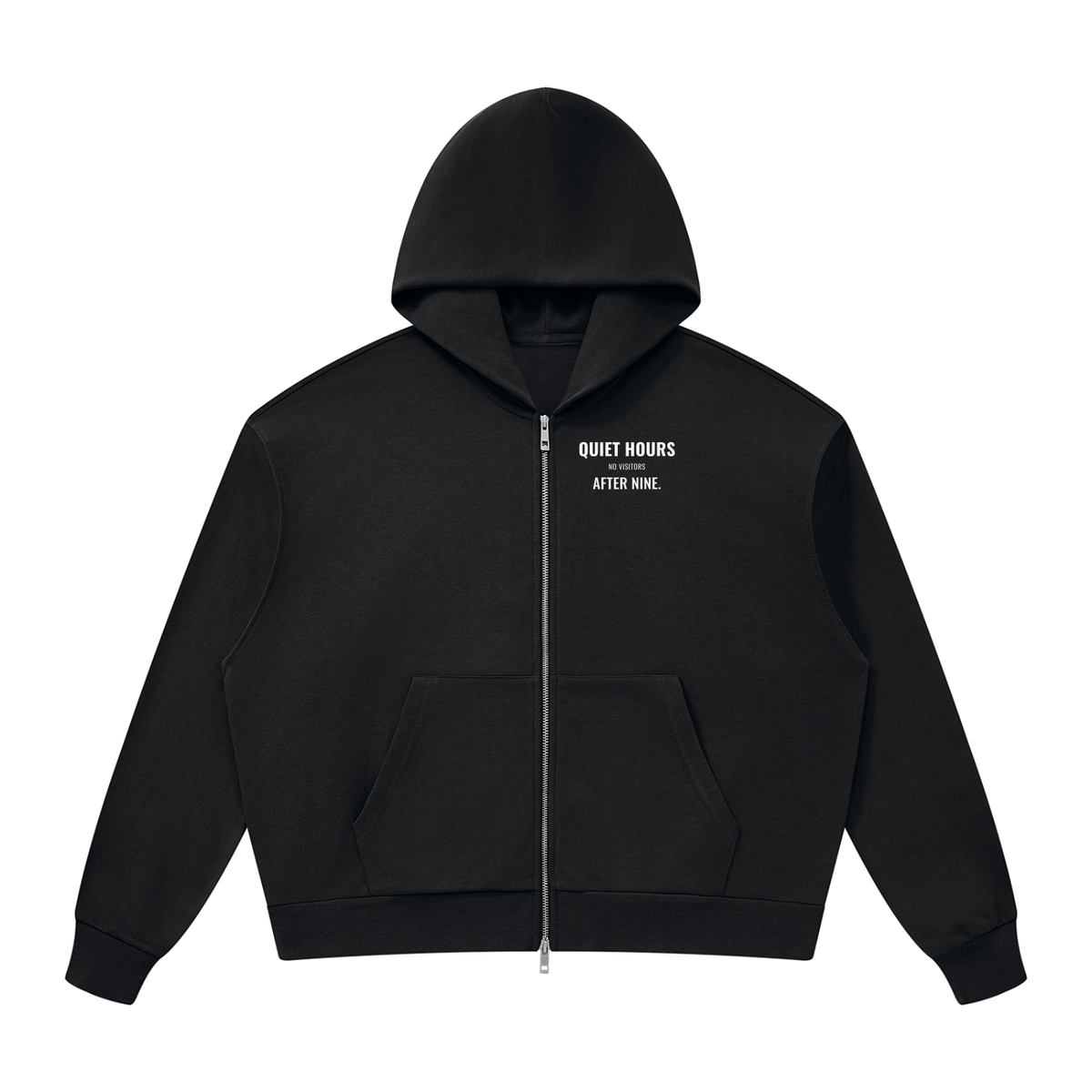 Quiet Hours Drop Shoulder Zip Hoodie – Black – front