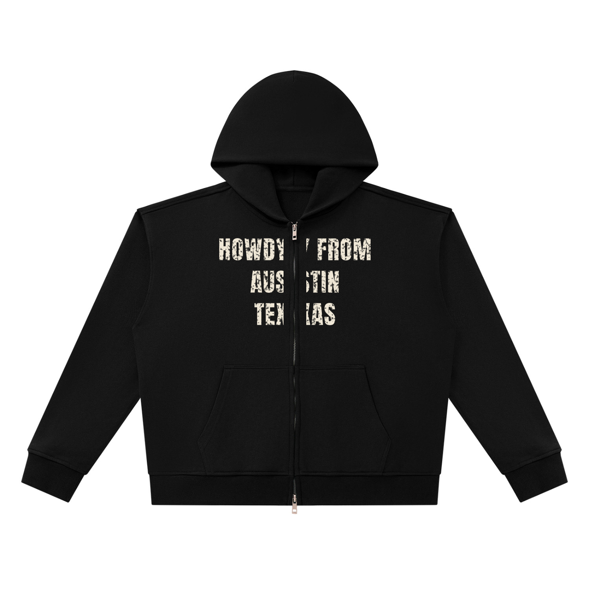 Howdy From Austin Heavyweight Full Zip Hoodie – Black – front