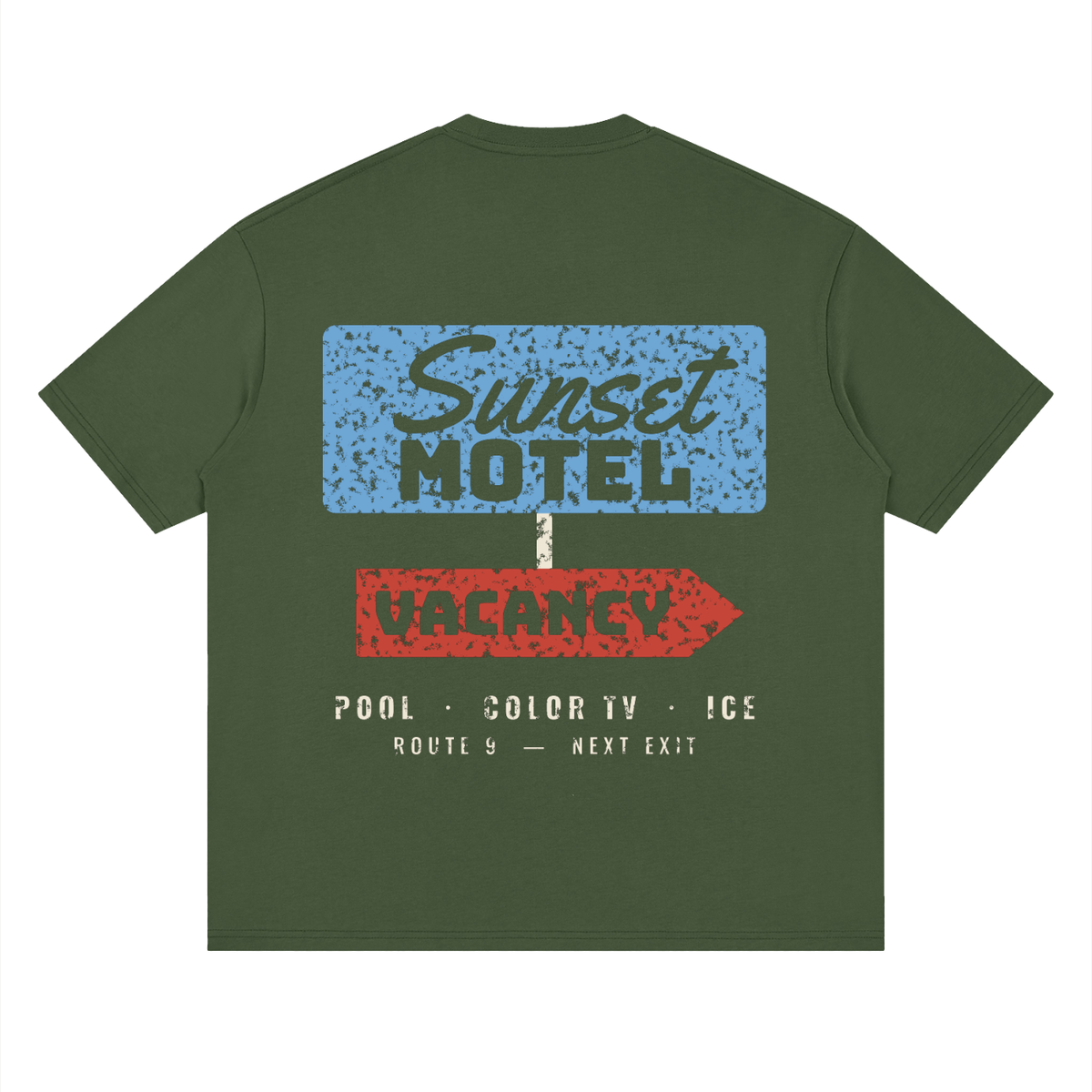 Sunset Motel Drop Shoulder Tee – Army Green – back