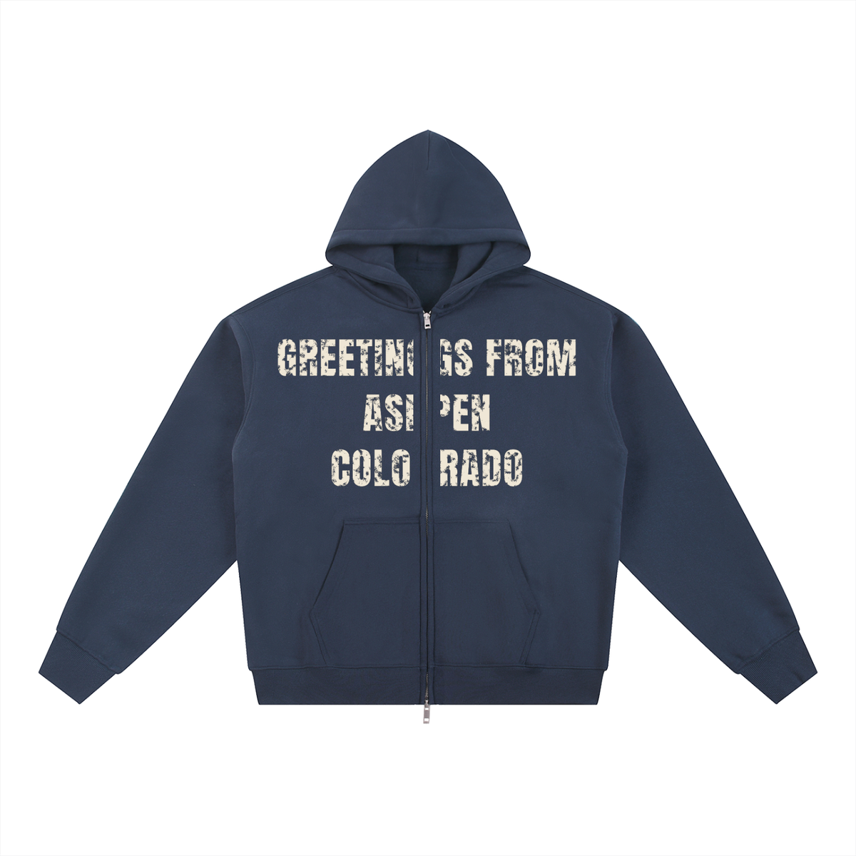 Greetings From Aspen Fleece Zip-Through Hoodie – Navy Blue – front