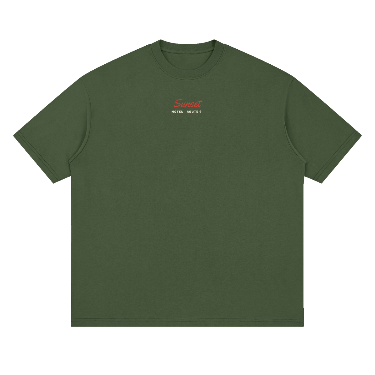 Sunset Motel Drop Shoulder Tee – Army Green – front