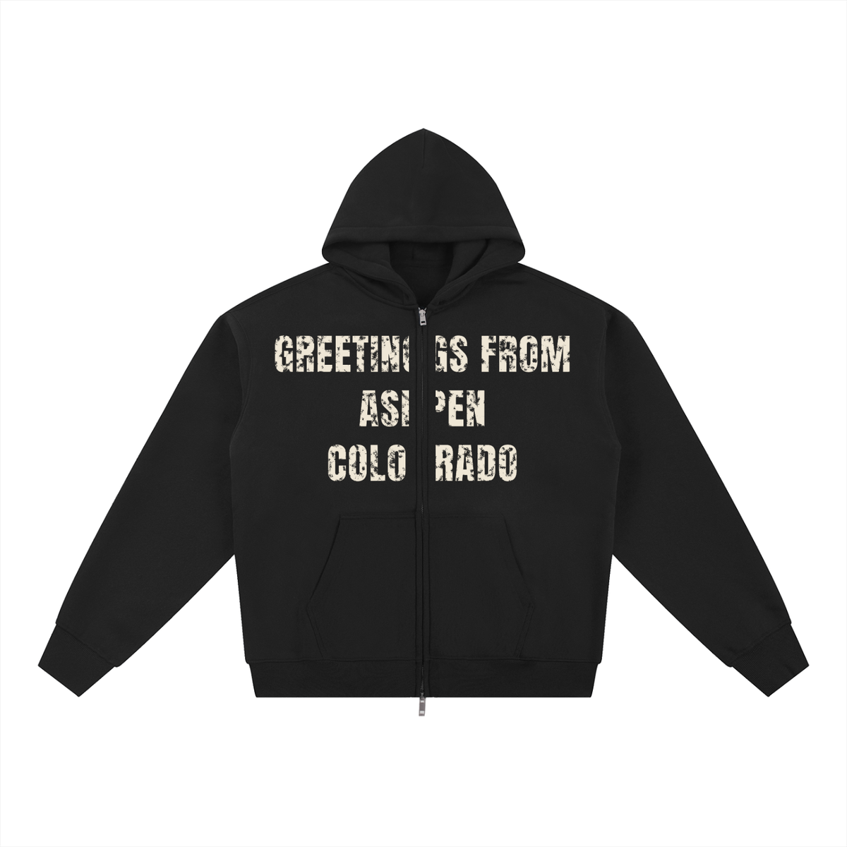 Greetings From Aspen Fleece Zip-Through Hoodie – Black – front