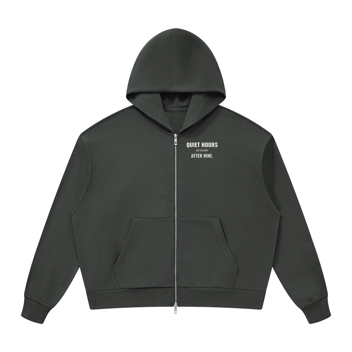 Quiet Hours Drop Shoulder Zip Hoodie – Dark Gray – front