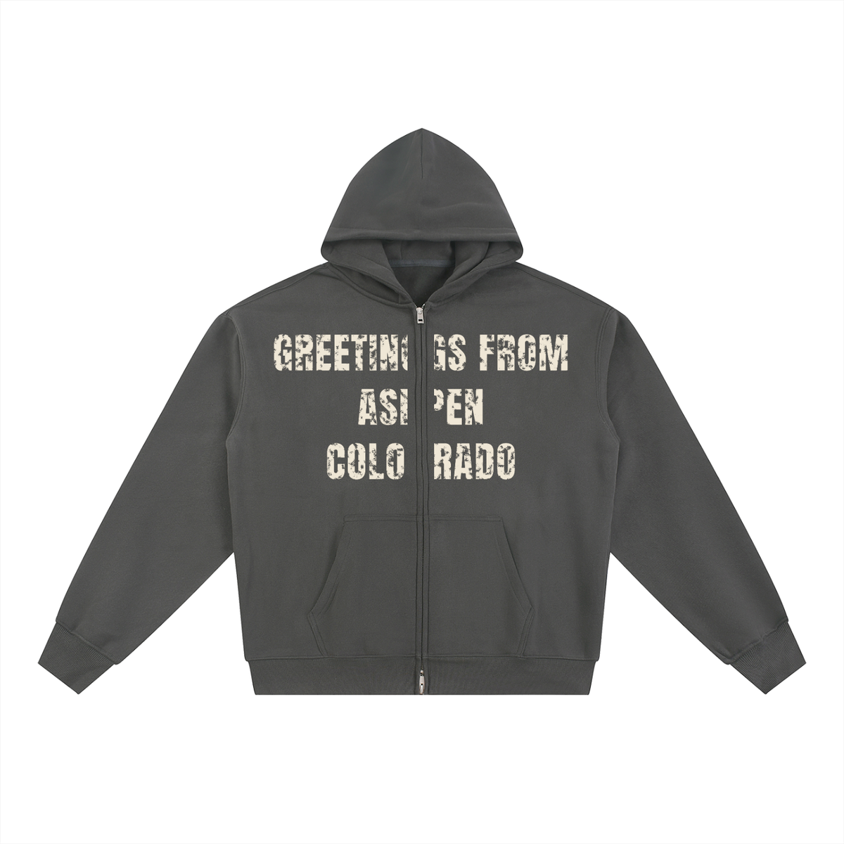 Greetings From Aspen Fleece Zip-Through Hoodie – Dark Gray – front