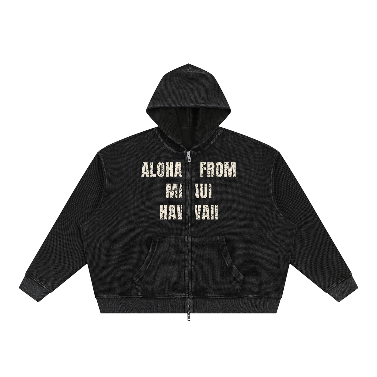 Aloha From Maui Waffle Full Zip Hoodie – Black – front