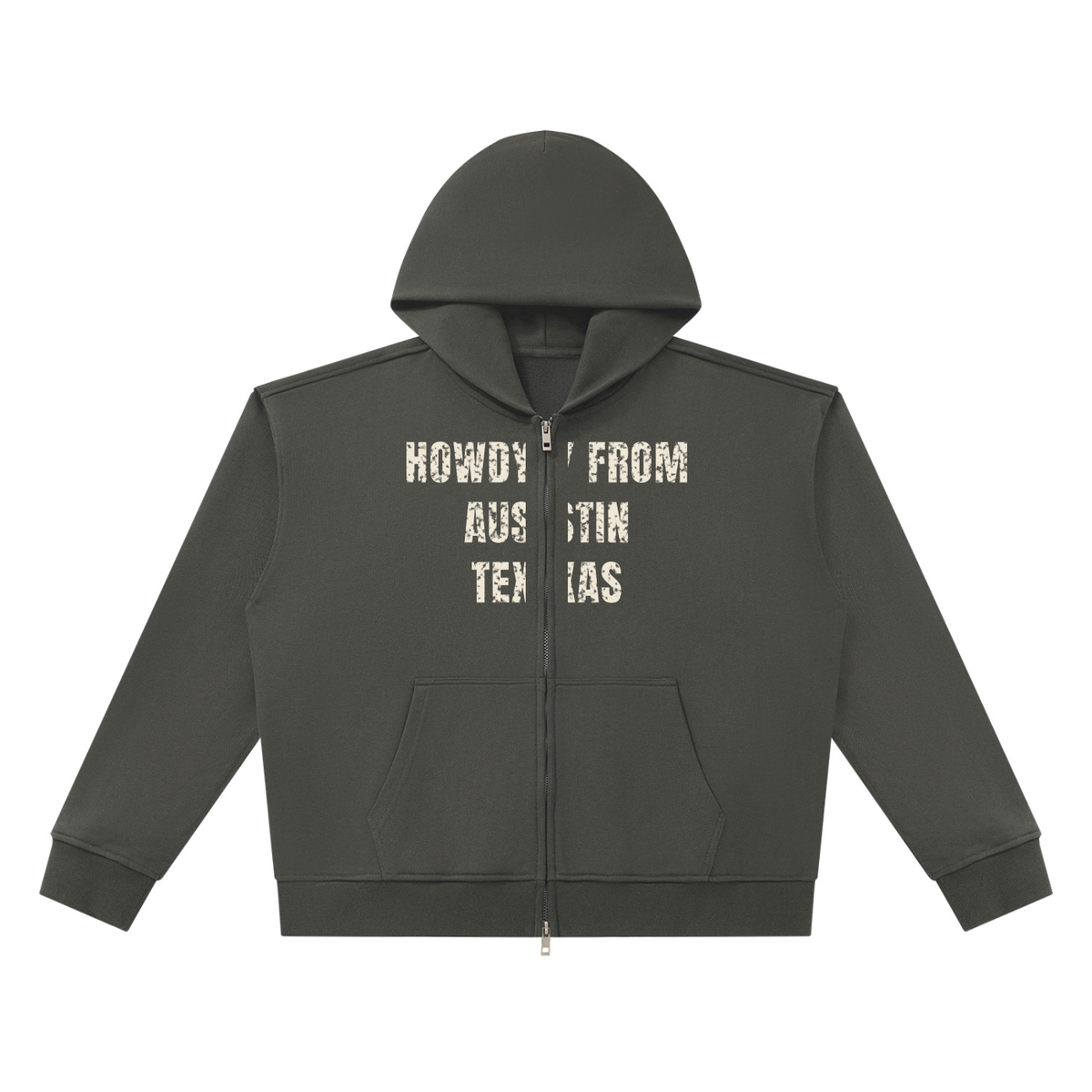 Howdy From Austin Heavyweight Full Zip Hoodie – Dark Gray – front