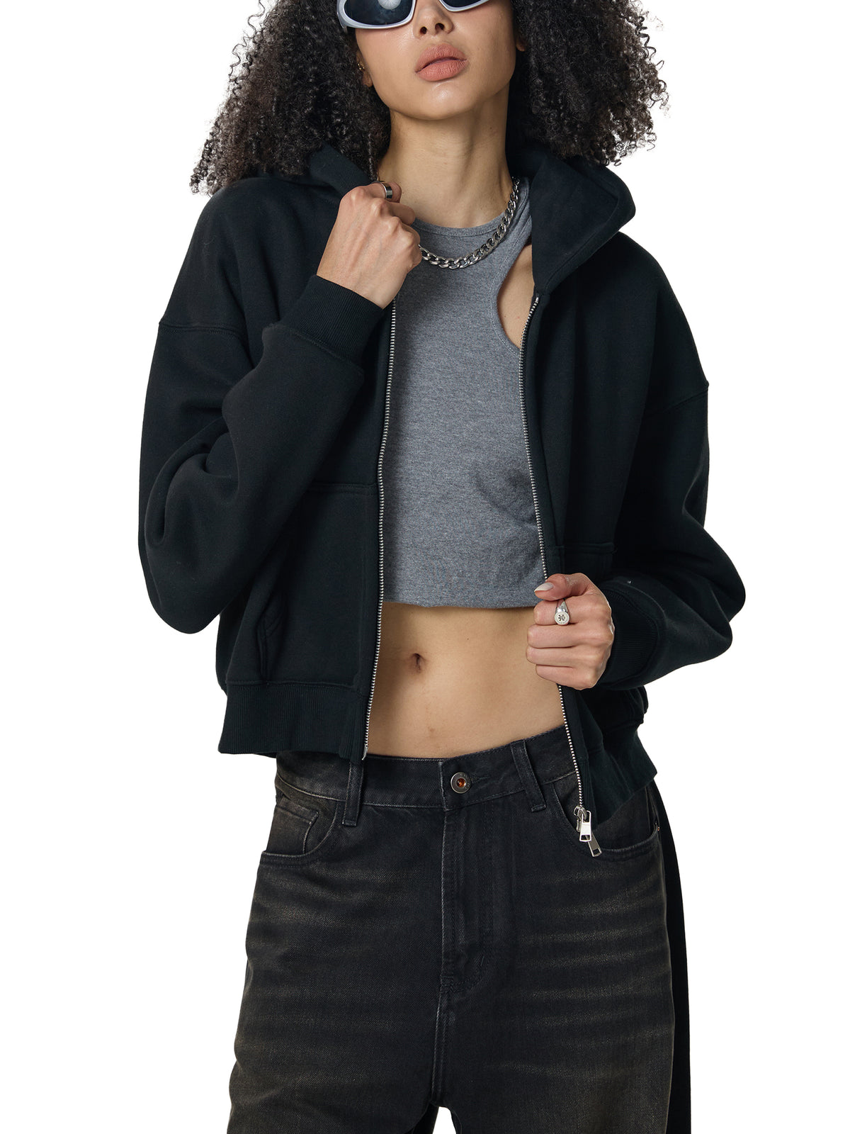 Fleece Zip-Up Cropped Hoodie