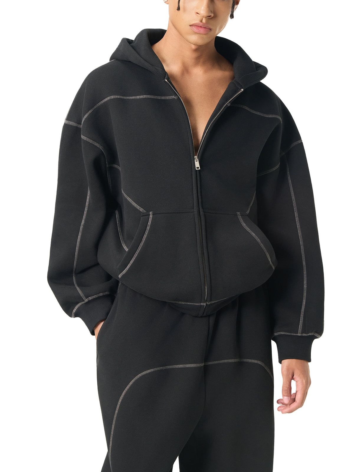Contrast Stitch Boxy Zip Hoodie