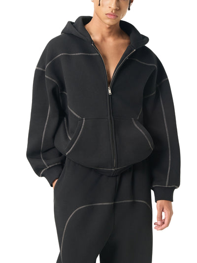 Contrast Stitch Boxy Zip Hoodie