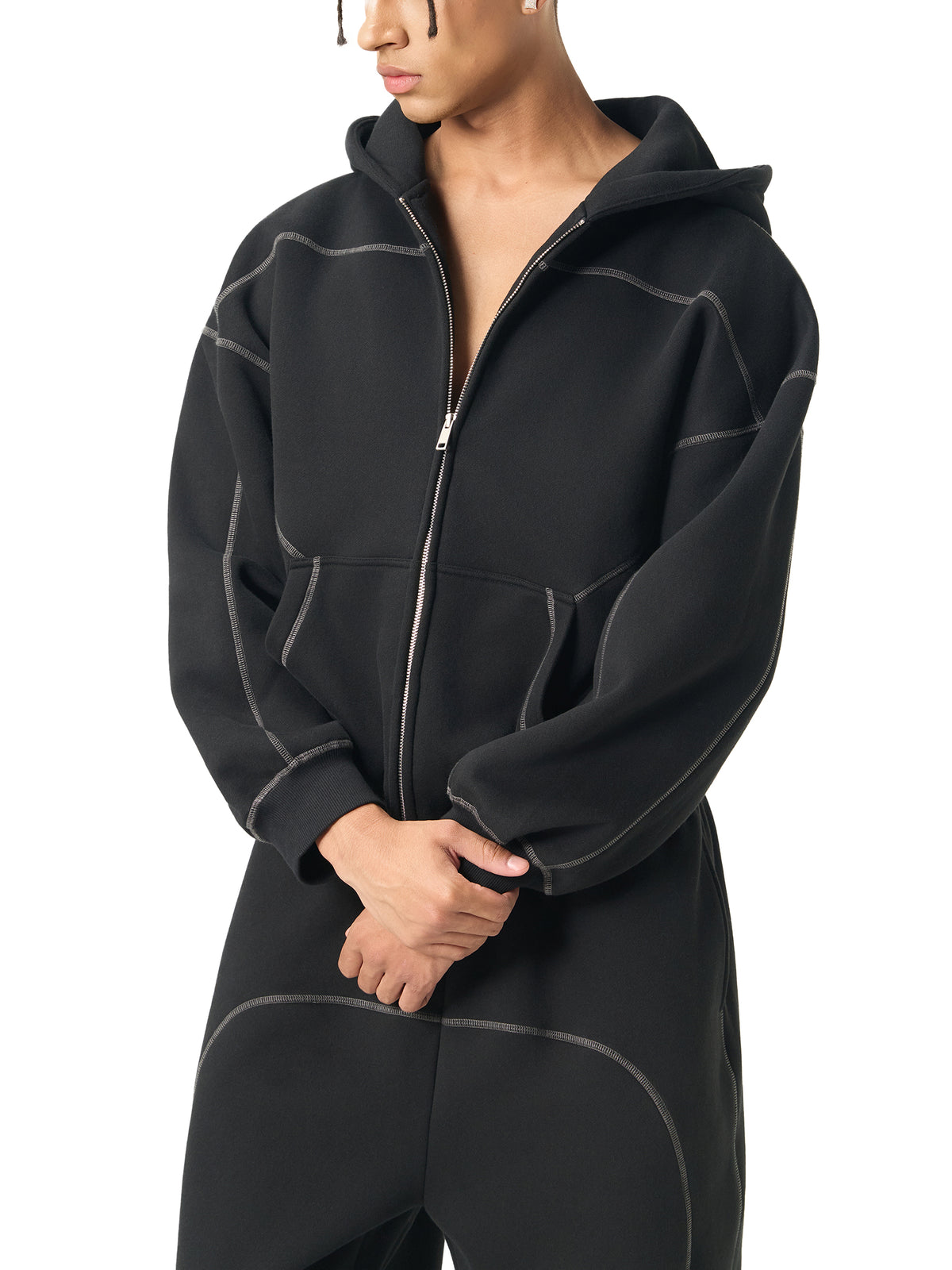 Contrast Stitch Boxy Zip Hoodie