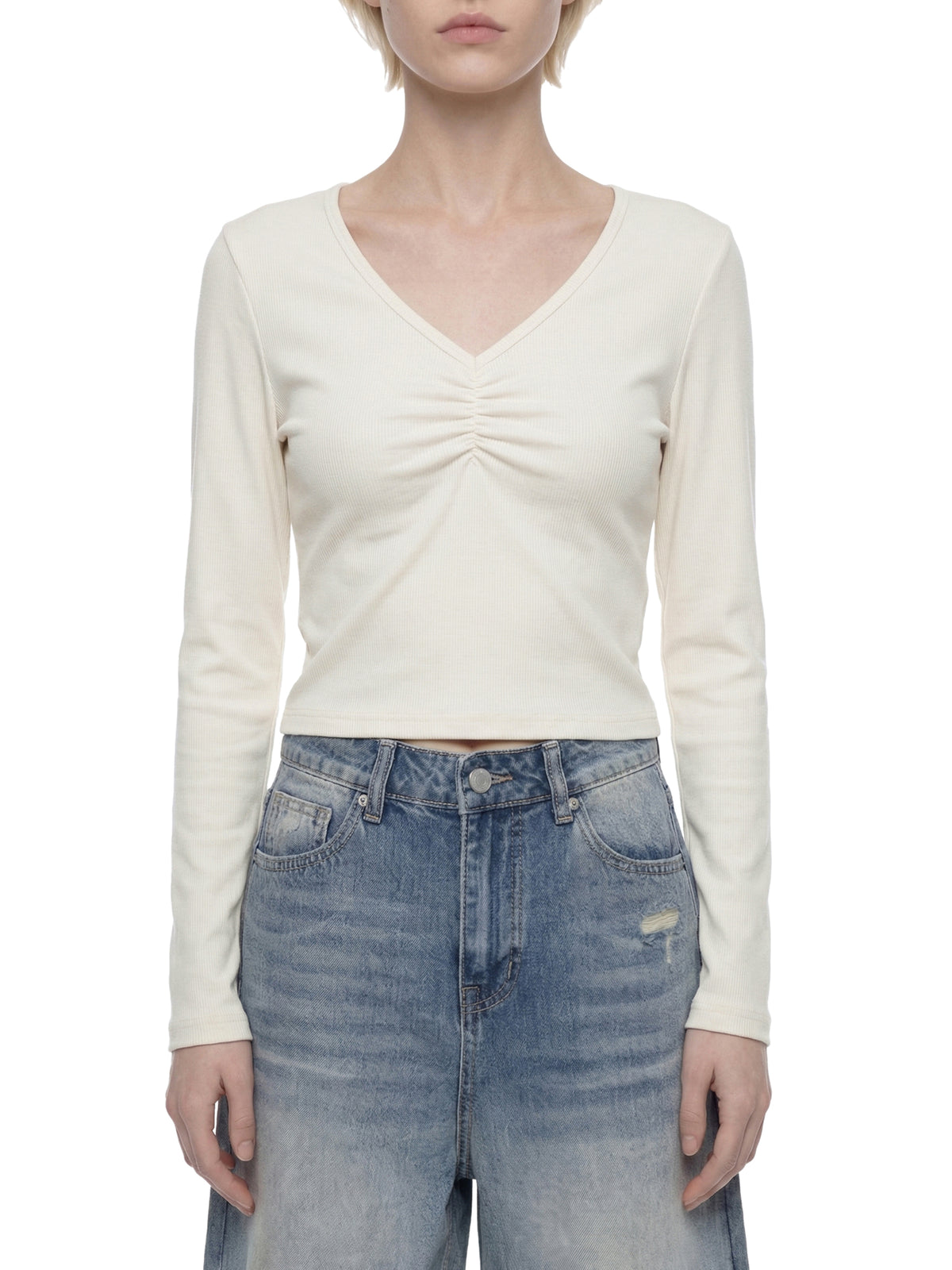 Ruched Long Sleeve Crop T-Shirt
