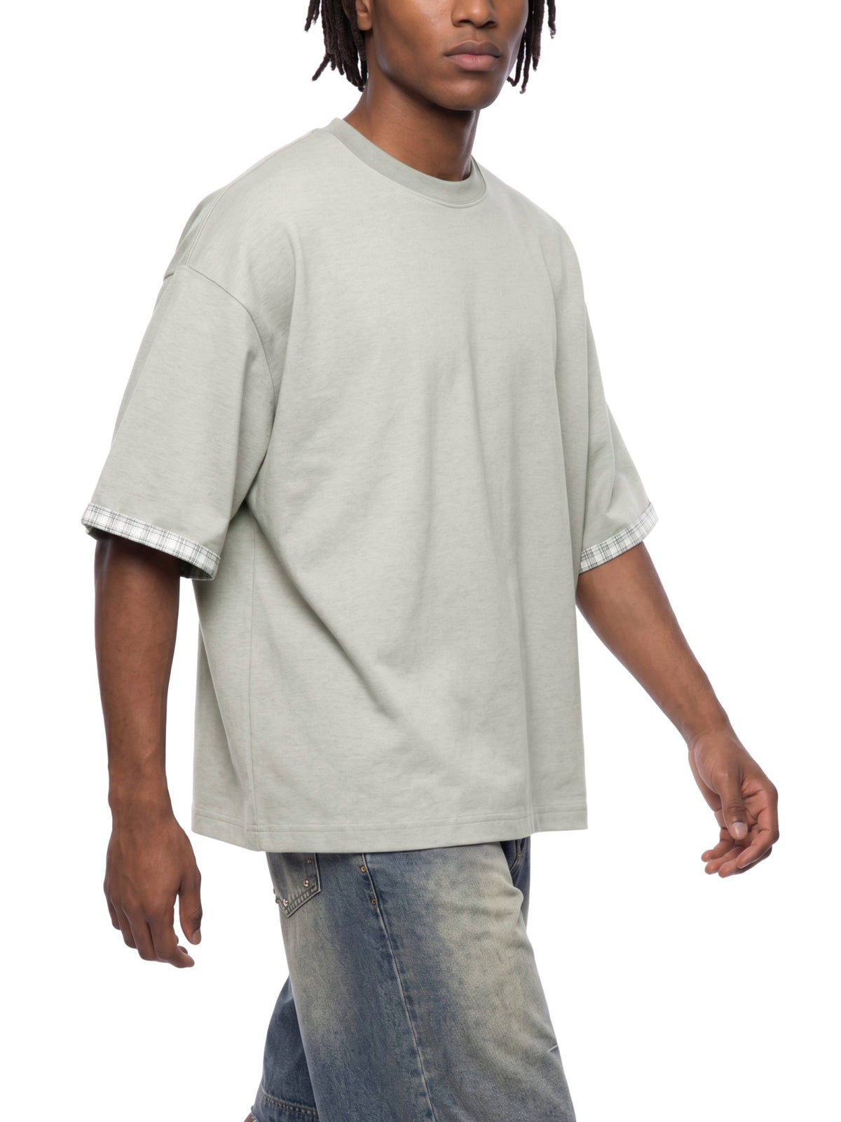 Boxy Plaid-Lined Double-Face T-Shirt
