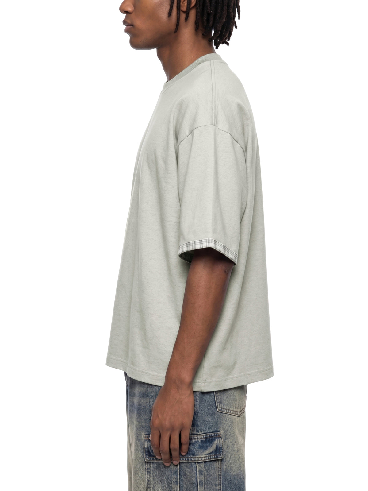 Boxy Plaid-Lined Double-Face T-Shirt