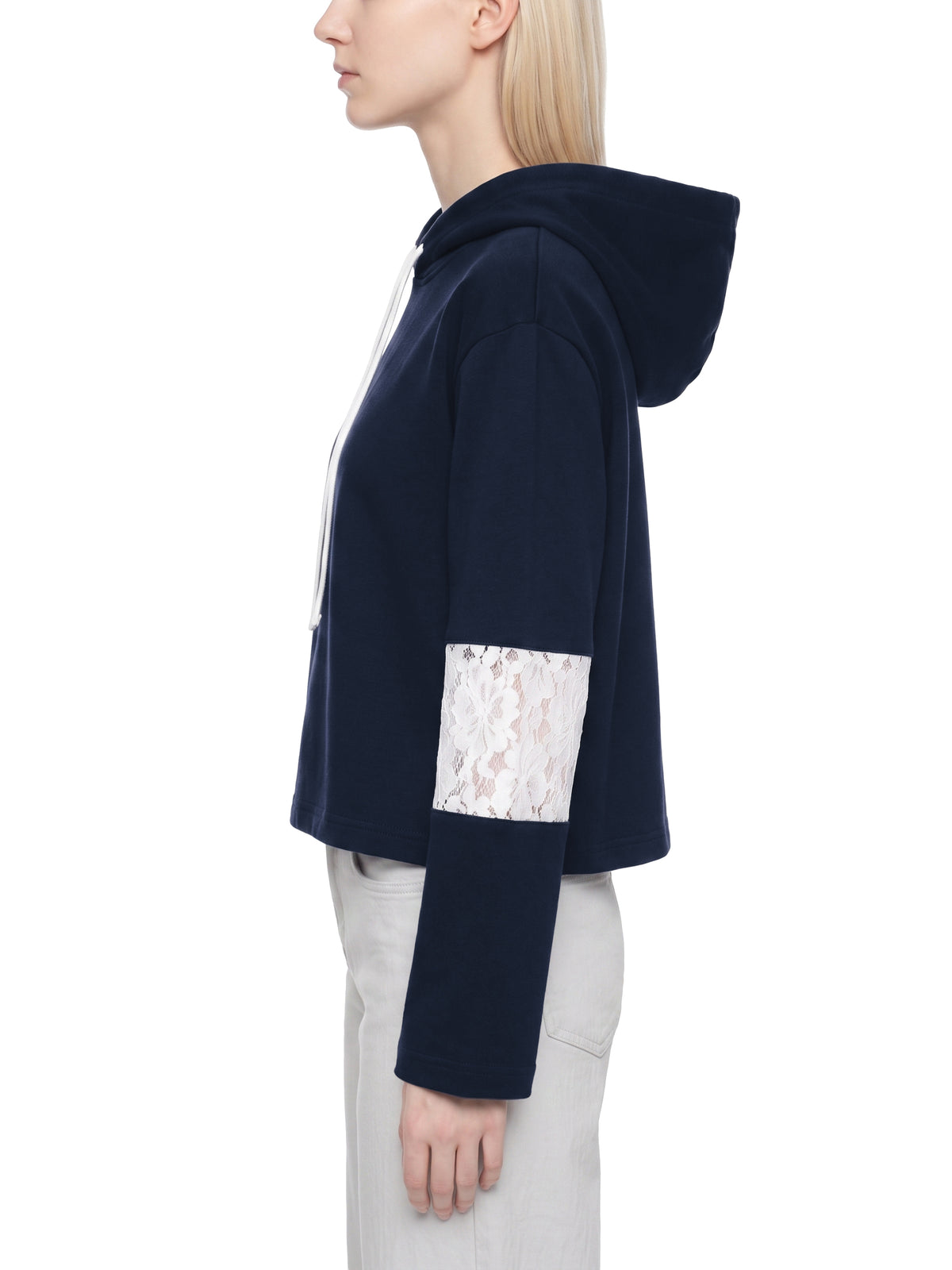 Cropped Lace-Panel Hoodie